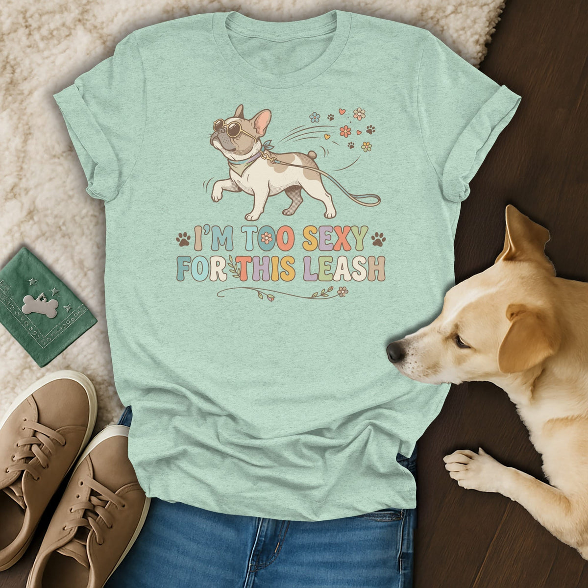Light blue t-shirt with cartoon French bulldog graphic and text "I'M TOO SEXY FOR THIS LEASH".