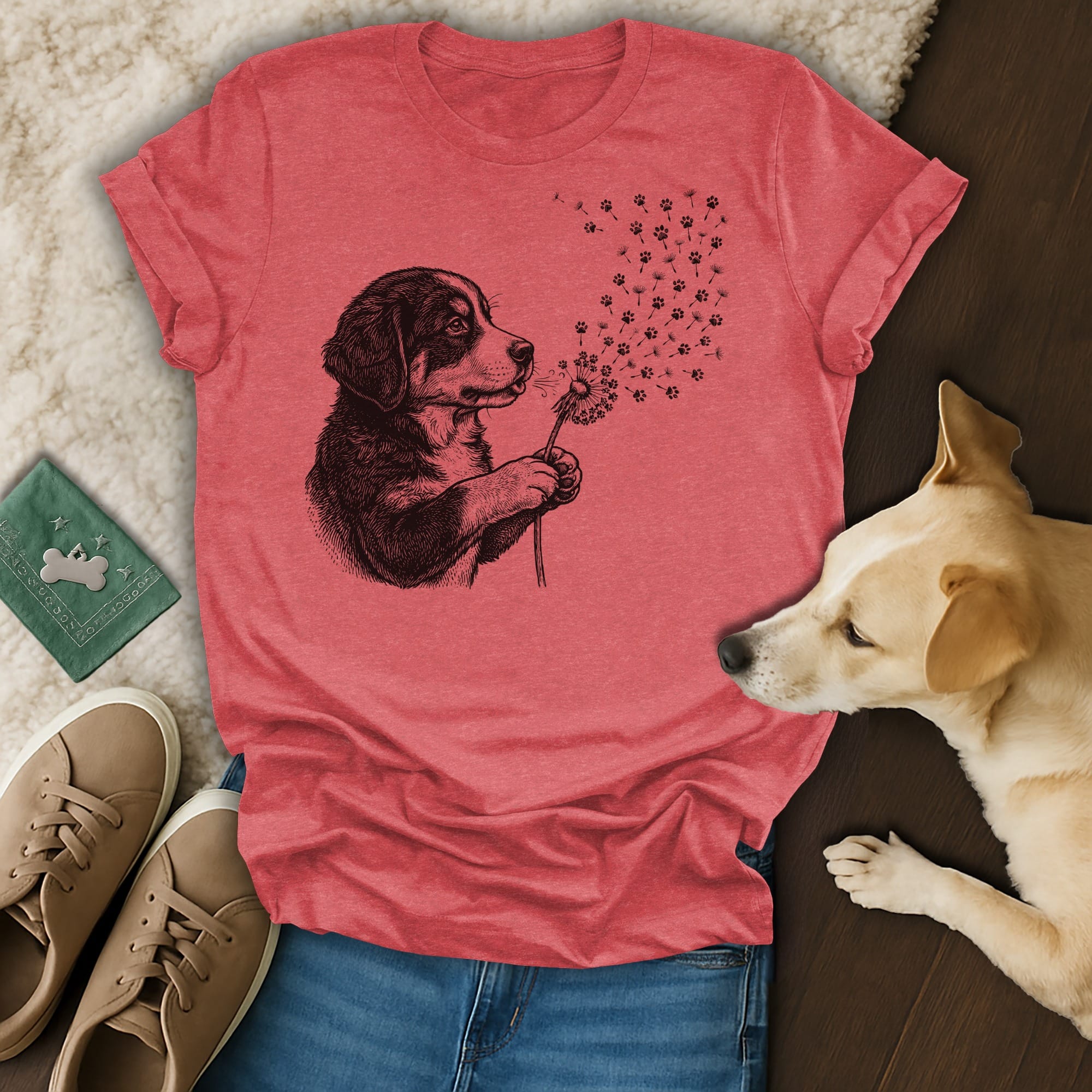 T-shirt with a black and white sketch of a dog blowing dandelion seeds.