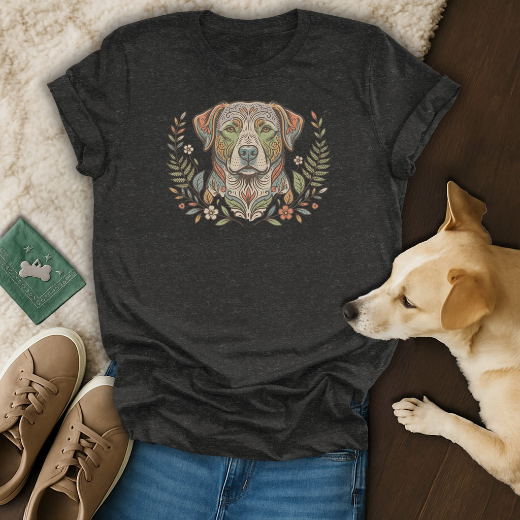 Dark gray t-shirt with a colorful dog face and floral wreath design.
