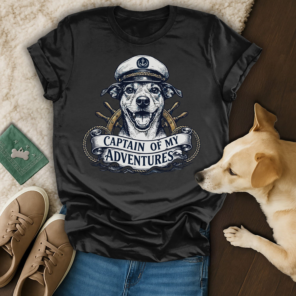 T-shirt with a dog wearing a captain's hat and the text "Captain of My Adventures".