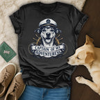 T-shirt with a dog wearing a captain's hat and the text "Captain of My Adventures".