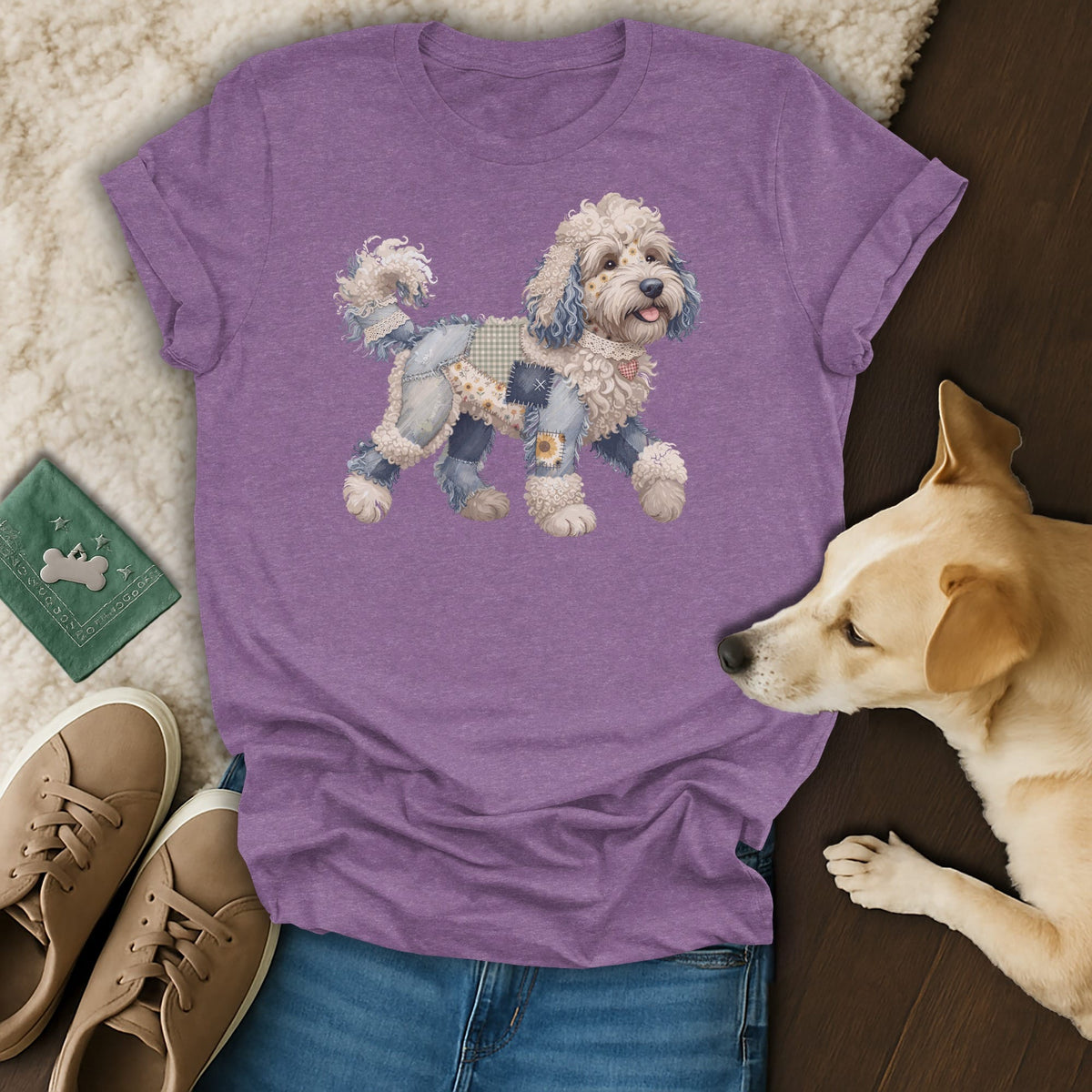 Purple t-shirt with a patchwork dog graphic and a golden retriever.