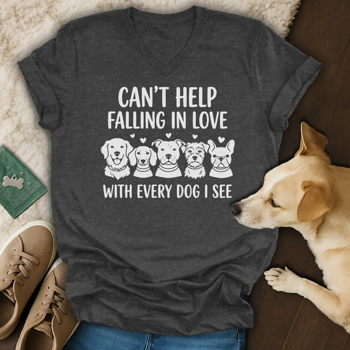 Dark grey t-shirt with white text and dog graphics: "Can't Help Falling In Love With Every Dog I See."