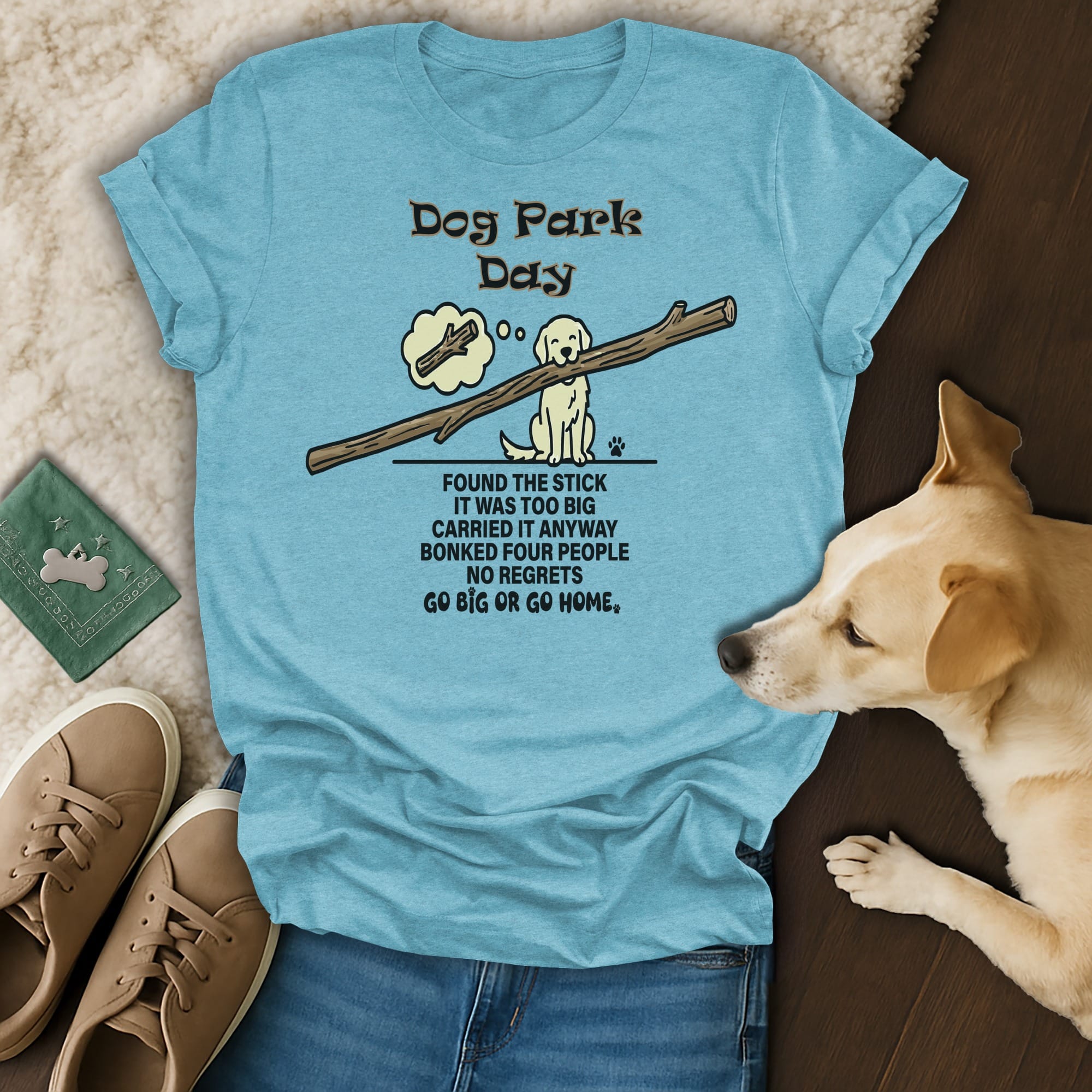 Light blue t-shirt with text about carrying a stick in the dog park.