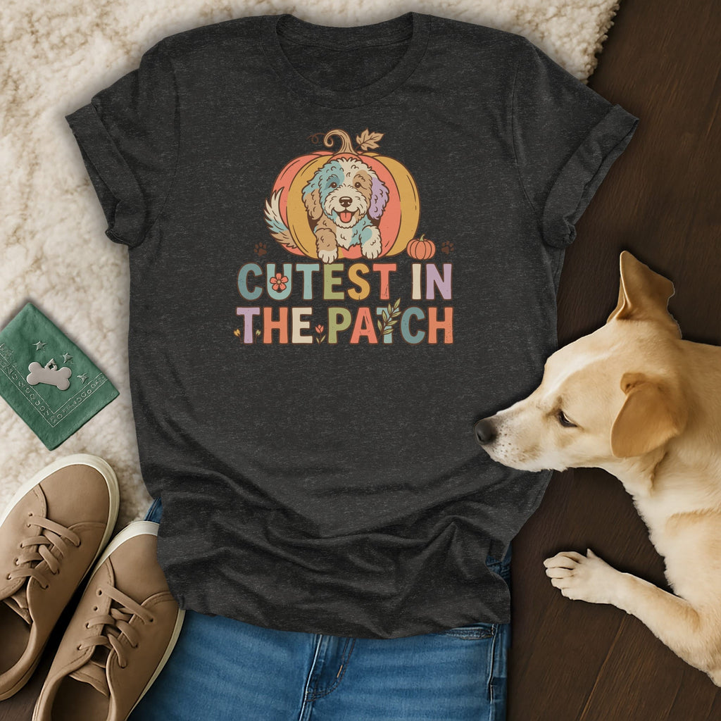 Dark t-shirt with colorful "Cutest In The Patch" text and a dog inside a pumpkin.