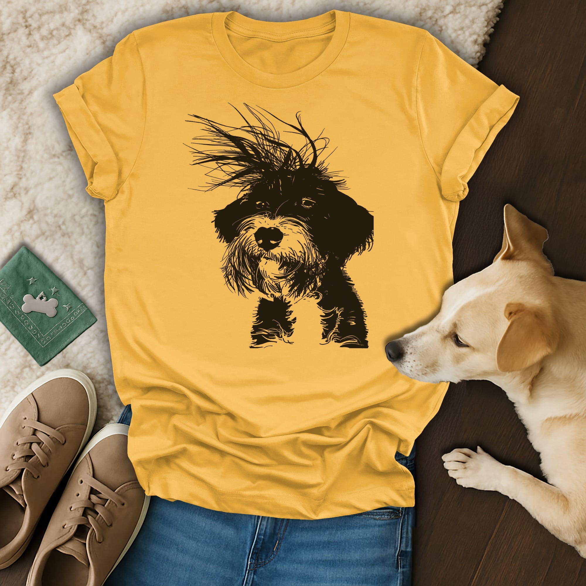 Black and white sketch of a scruffy dog on a yellow t-shirt.