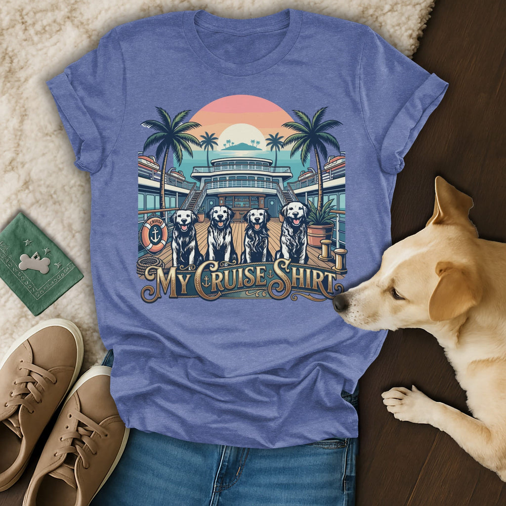 T-shirt with four dogs on a cruise ship deck with palm trees.