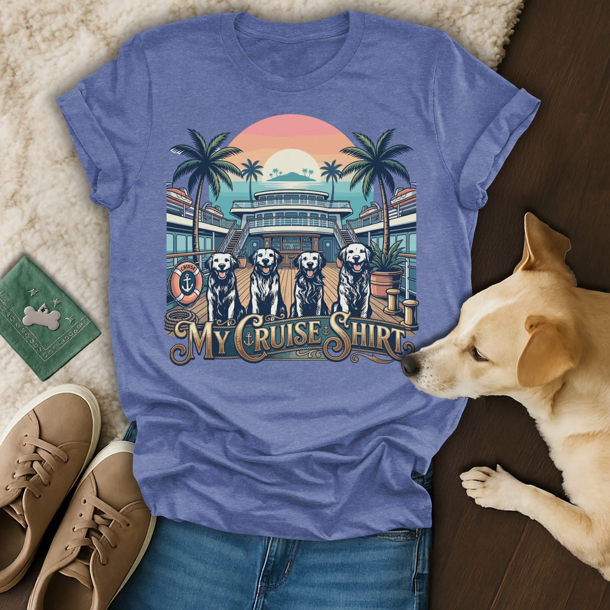 T-shirt with four dogs on a cruise ship deck with palm trees.
