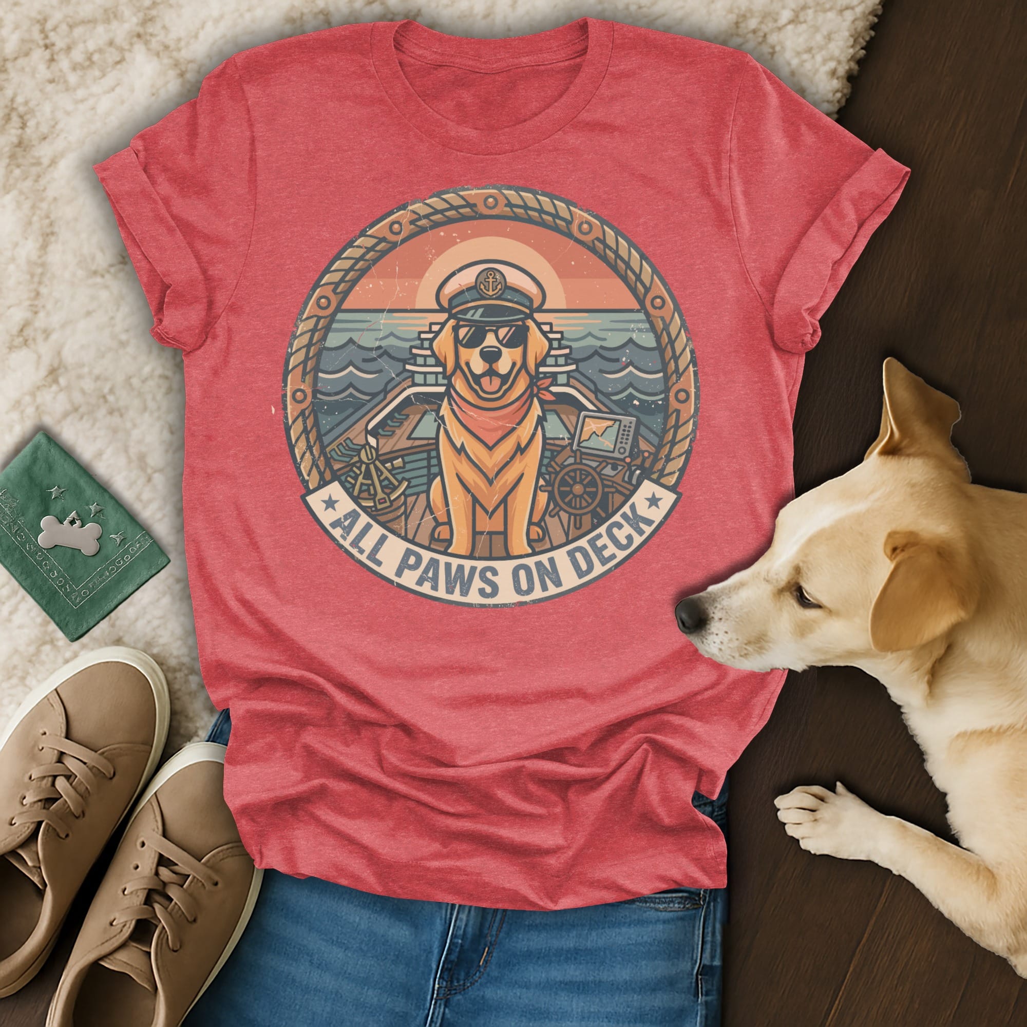 Red t-shirt with "All Paws on Deck" graphic of a dog wearing sunglasses on a ship.