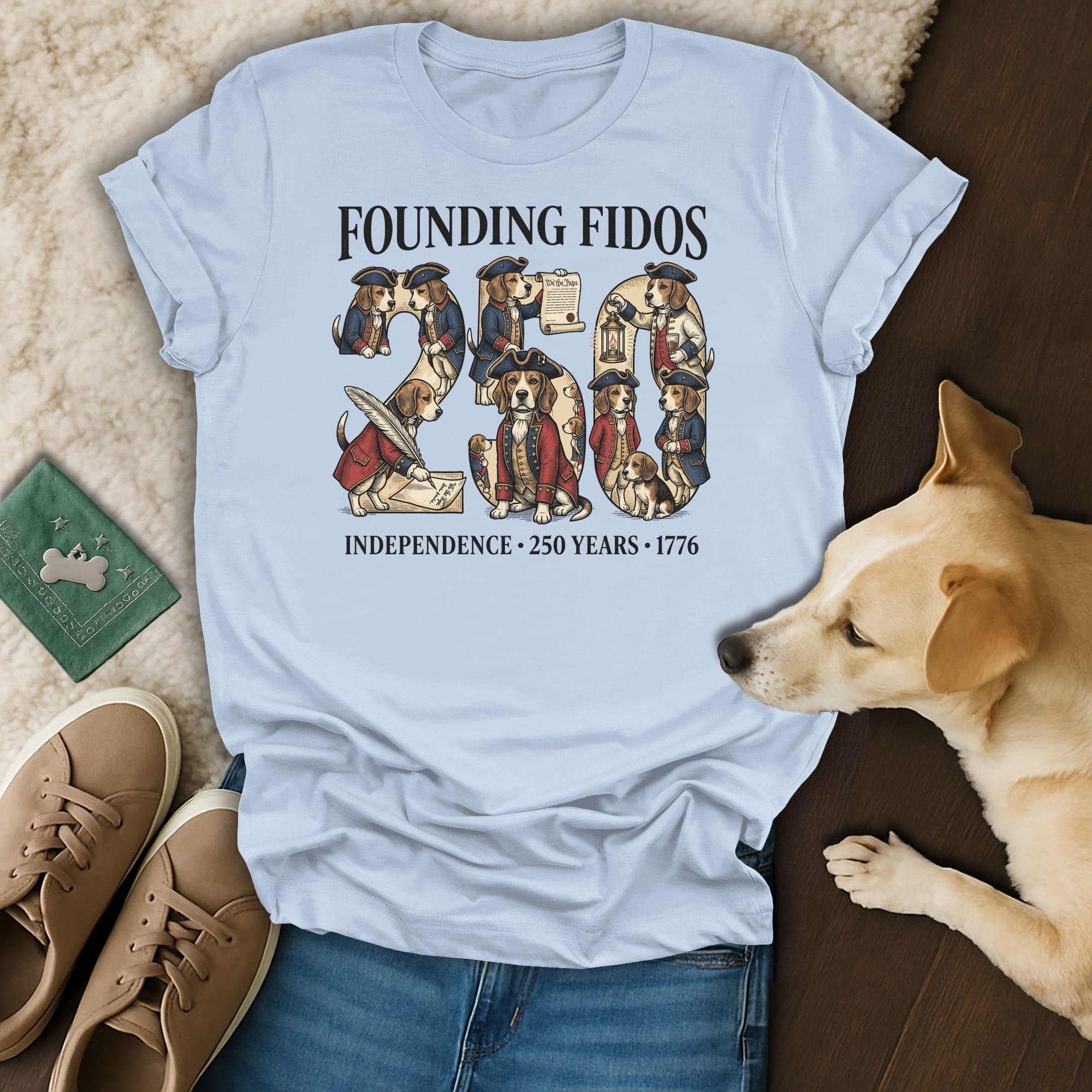 Founding Fidos graphic t-shirt with dogs in colonial attire celebrating independence.