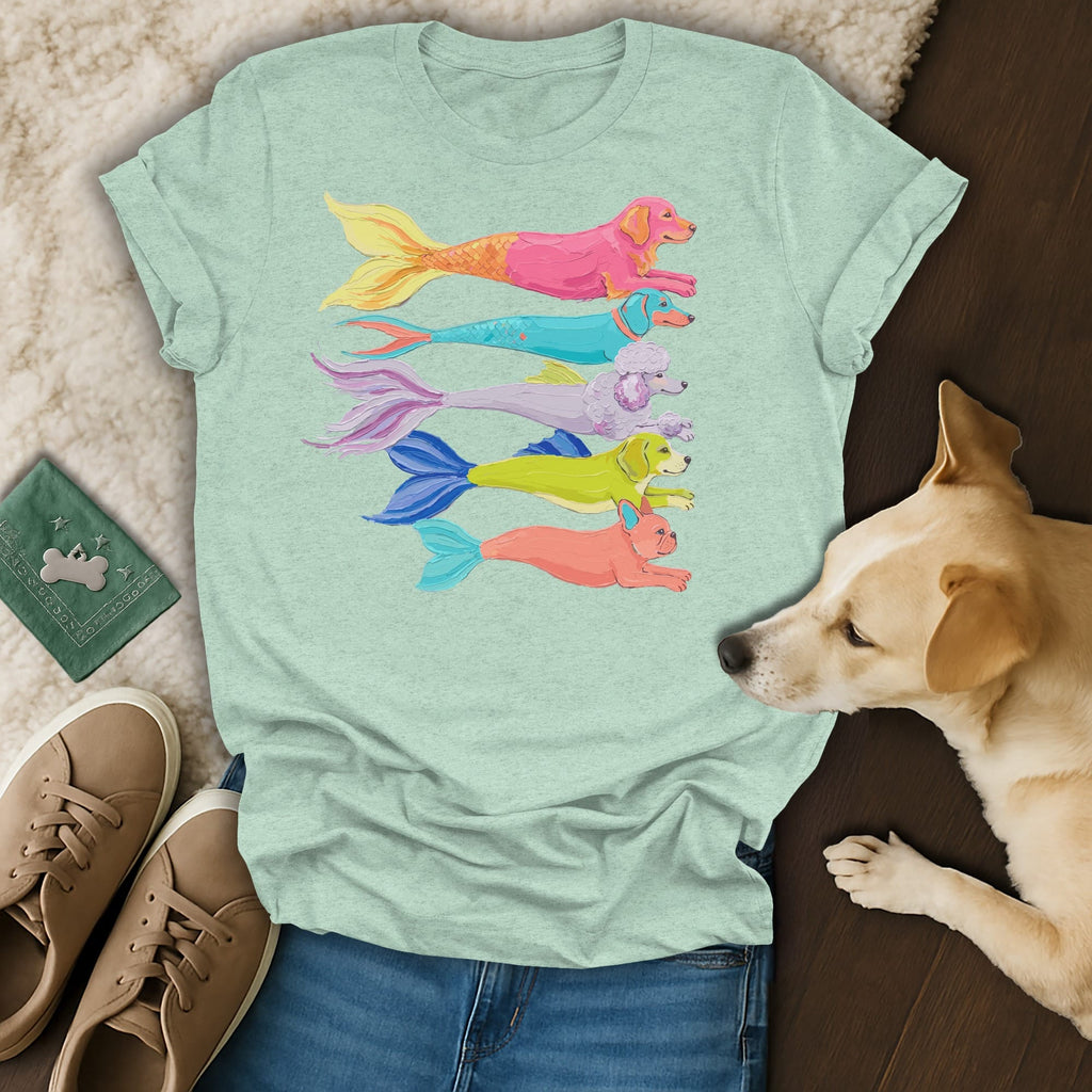 Light green t-shirt with colorful mermaid dogs design.