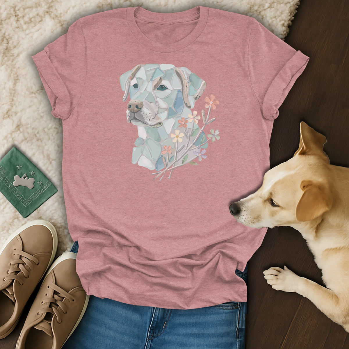 Pink t-shirt with a mosaic dog portrait and flowers, styled with jeans and sneakers.