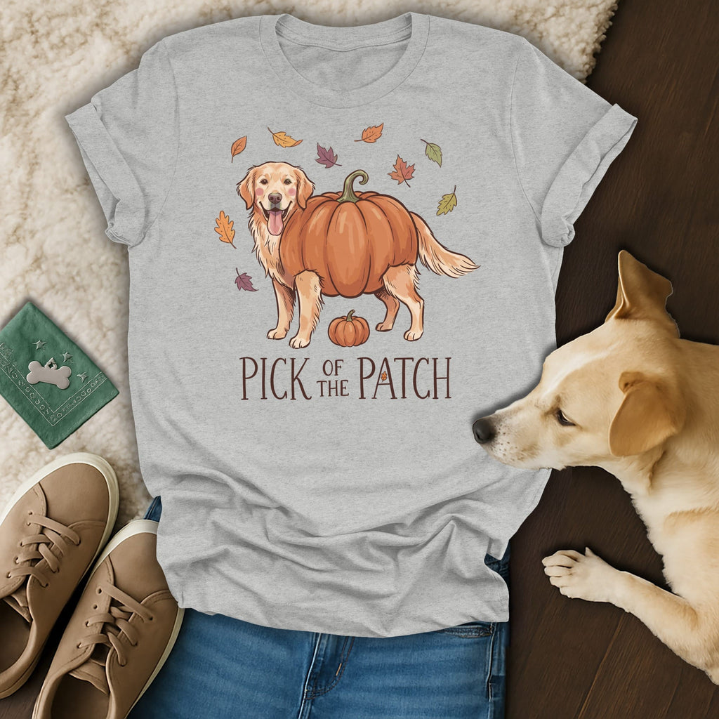 Grey t-shirt with a Golden Retriever wearing a pumpkin costume and text "Pick of the Patch".