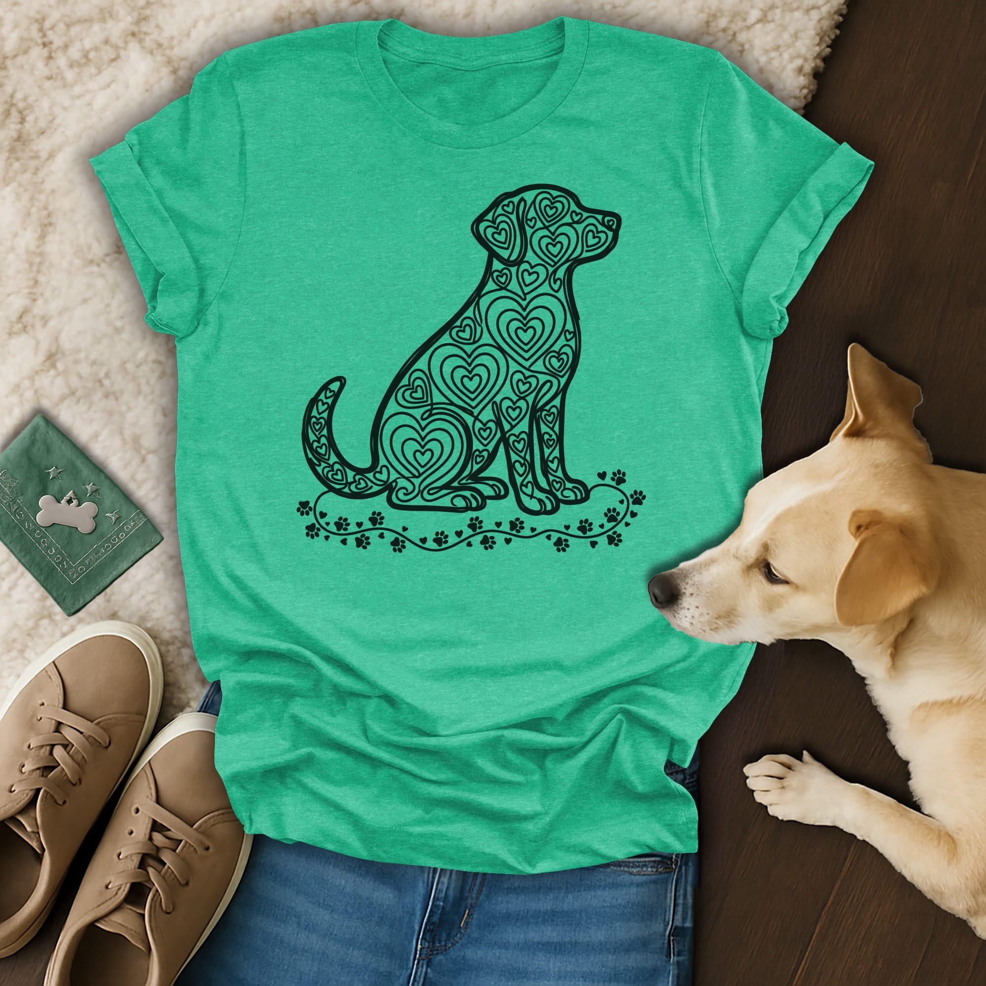 Teal t-shirt with a black heart-patterned dog silhouette and floral accents.