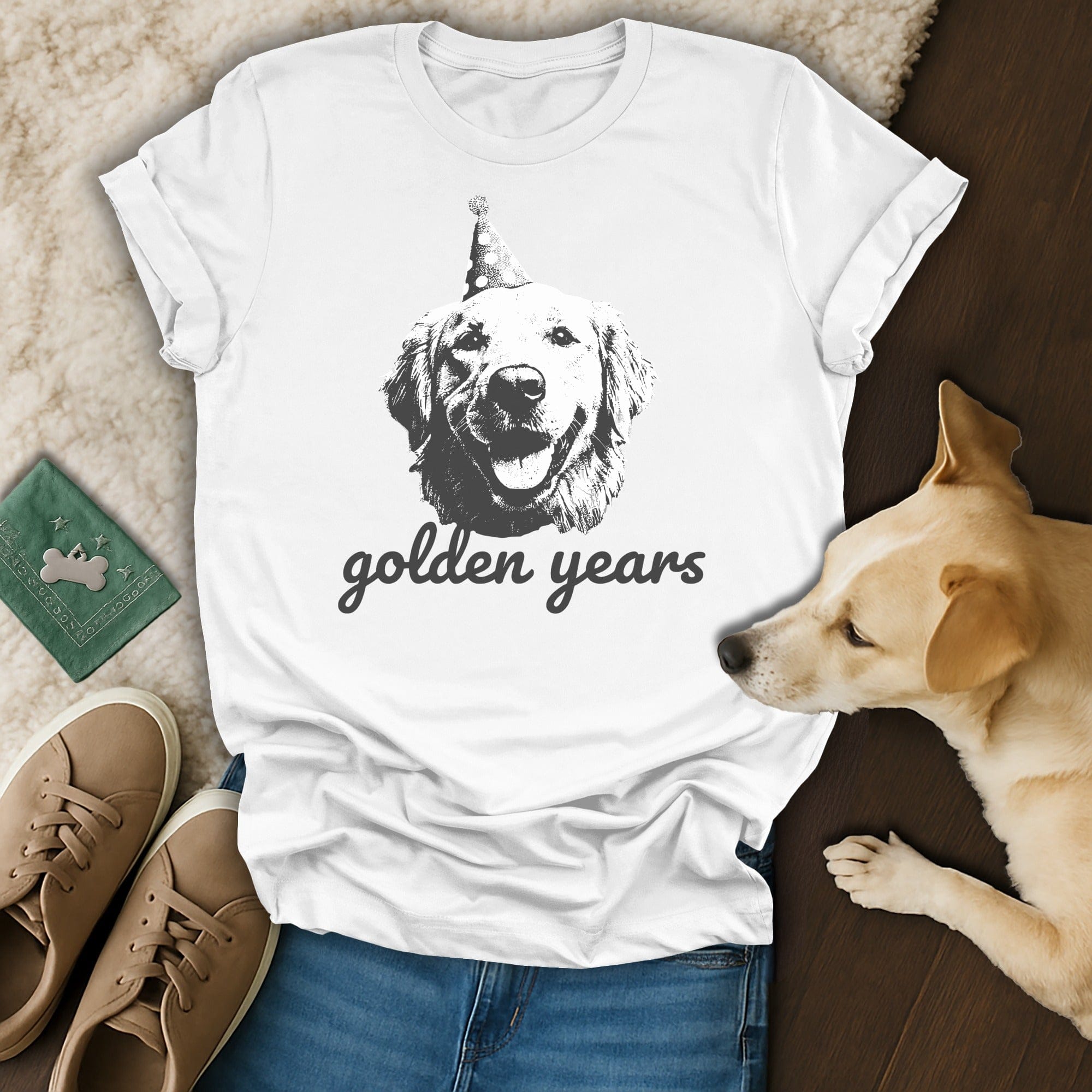 Golden Years Dog with Party Hat Graphic T-shirt