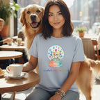 Woman with Golden Retriever in a cafe, wearing a t-shirt with a snow globe design.