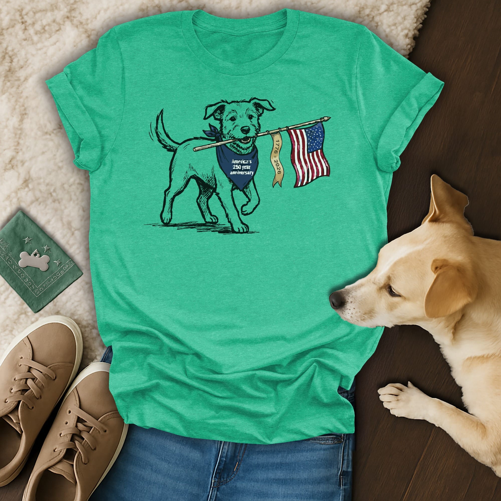 Dog wearing bandana holding American flag with text "America's 250th Anniversary".