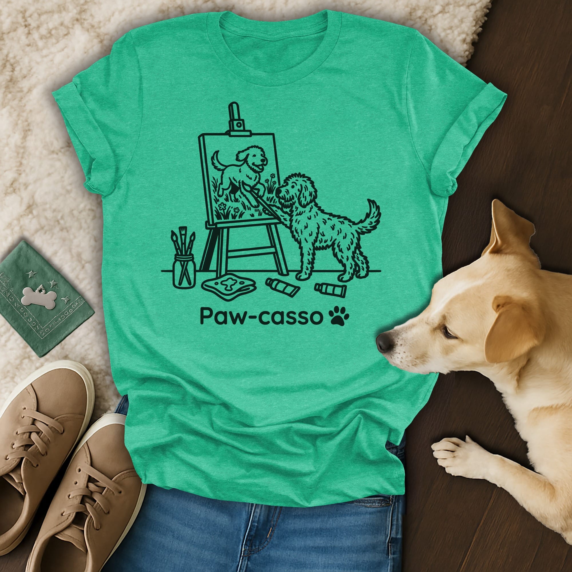 T-shirt featuring line drawing of a dog painting another dog, with "Paw-casso" text.