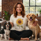 A smiling woman wearing a white t-shirt with a sunflower graphic sits cross-legged between a Cavalier King Charles Spaniel and a yellow Labrador Retriever.