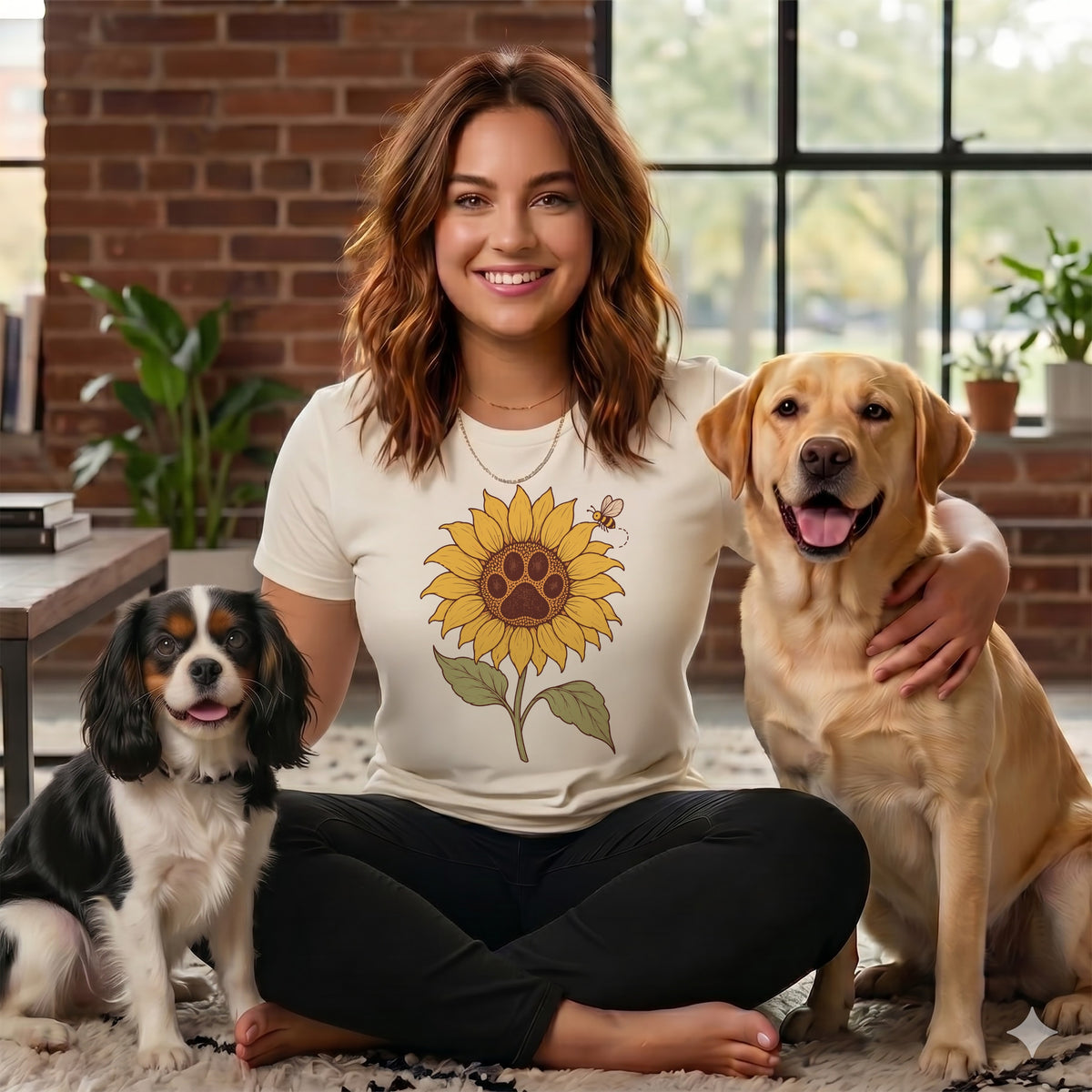 A smiling woman wearing a white t-shirt with a sunflower graphic sits cross-legged between a Cavalier King Charles Spaniel and a yellow Labrador Retriever.
