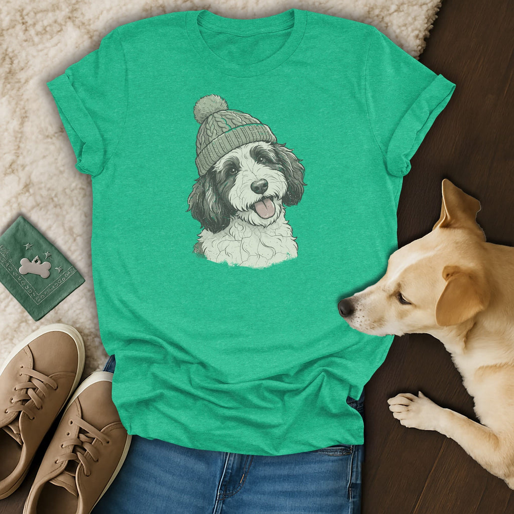 Green t-shirt with black and white dog wearing a knit hat.