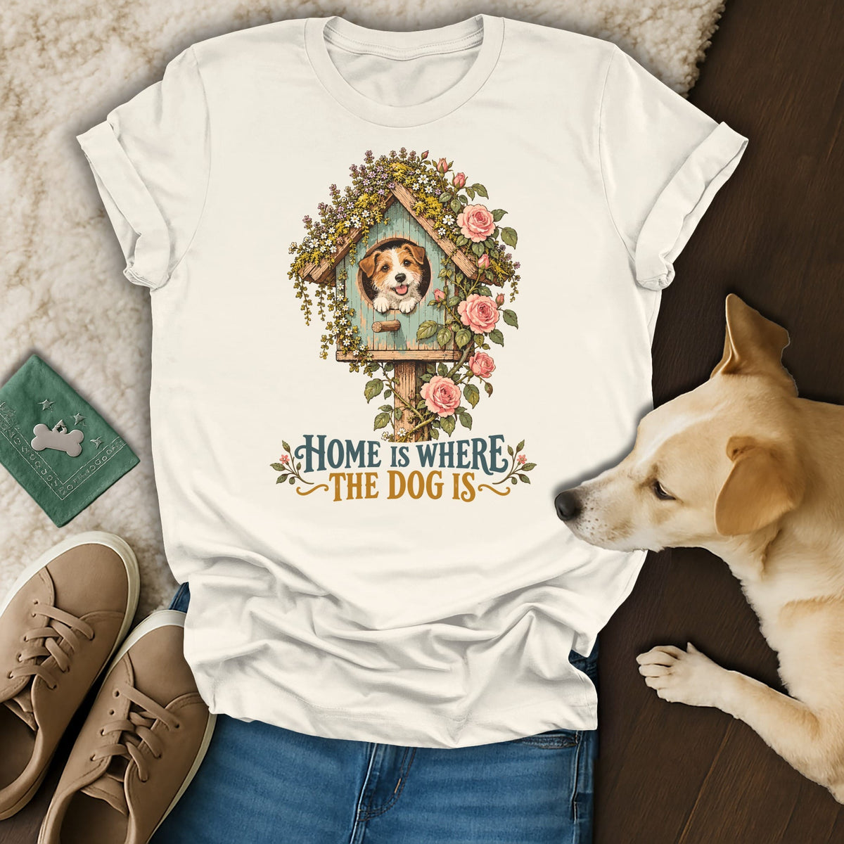 A white crewneck t-shirt featuring a graphic of a dog in a birdhouse and text that reads Home Is Where The Dog Is.