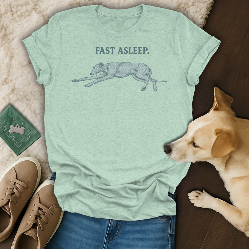 Light green t-shirt with "FAST ASLEEP." text and a dog illustration.