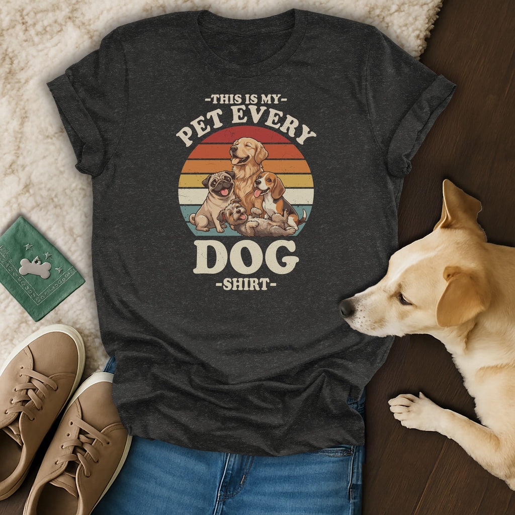 Dark grey t-shirt with "This is my pet every dog shirt" and dog illustrations.