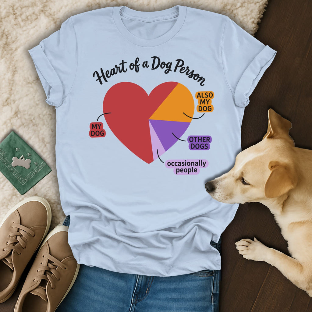 Light blue t-shirt with "Heart of a Dog Person" text and pie chart design.