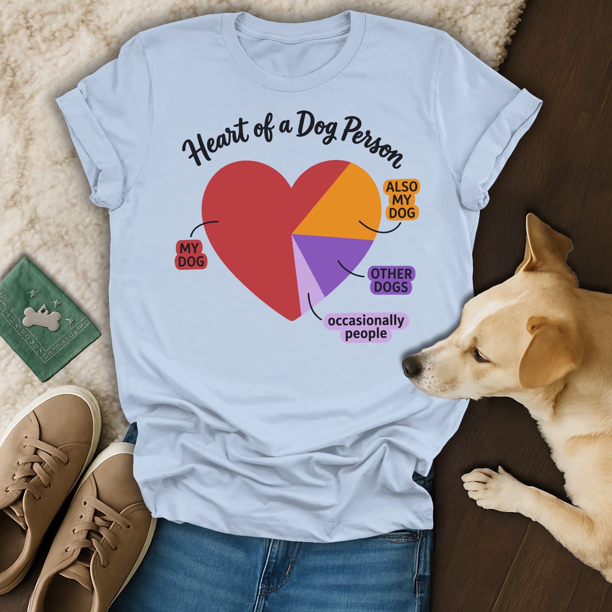 Light blue t-shirt with "Heart of a Dog Person" text and pie chart design.