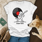 White t-shirt with "Paw Riff" vinyl record and dog playing guitar graphic.