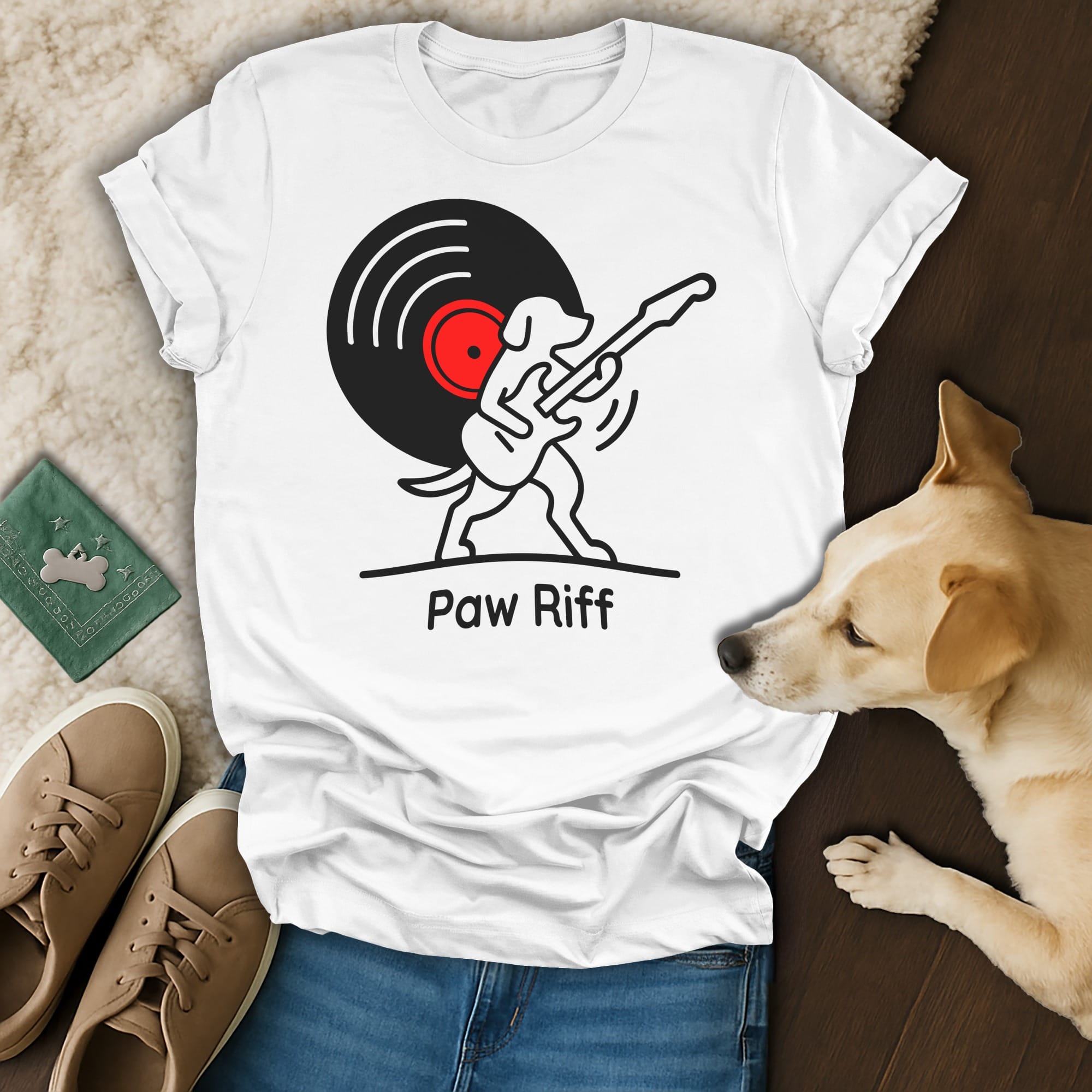 White t-shirt with "Paw Riff" vinyl record and dog playing guitar graphic.