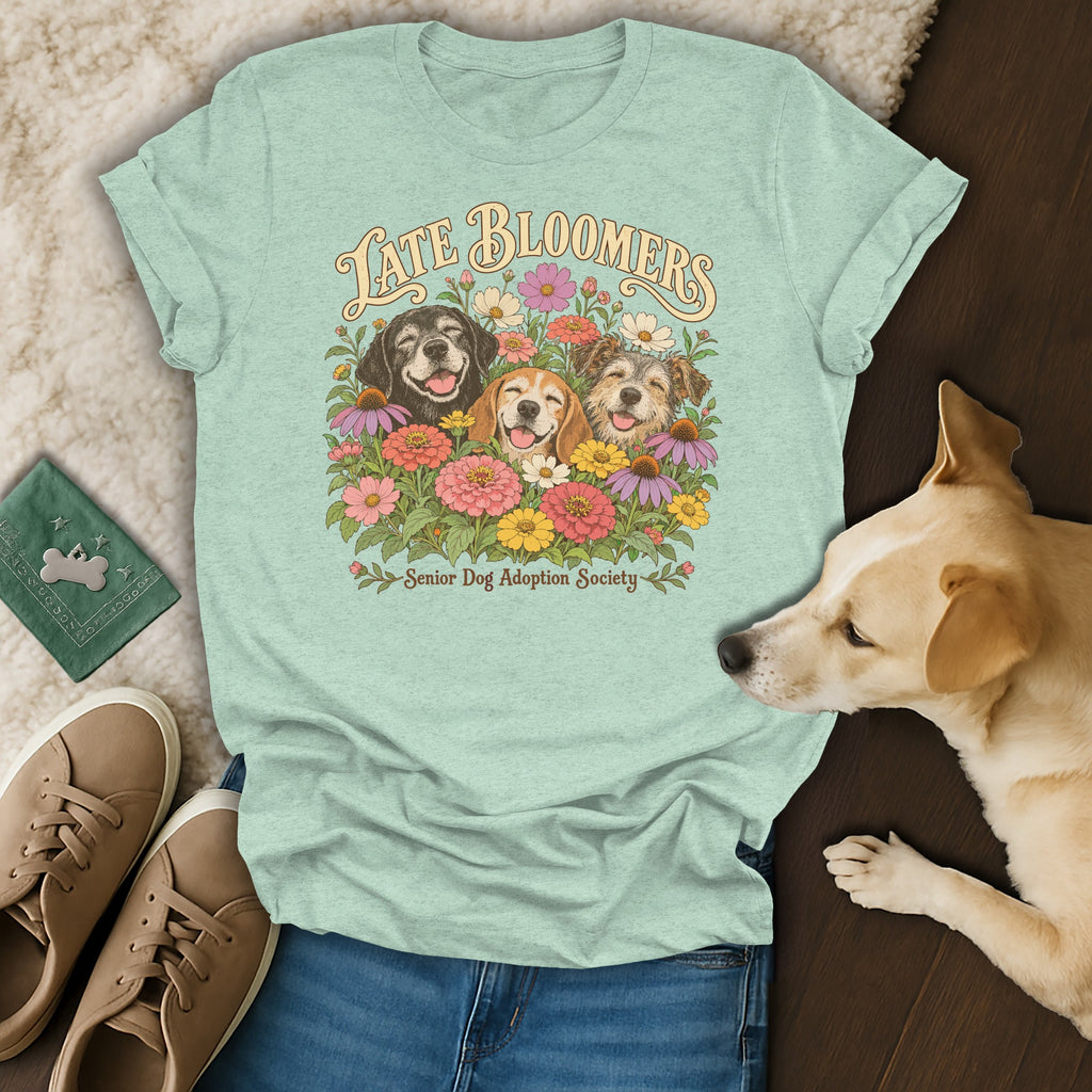 A light green t-shirt with a vintage graphic of three dogs and flowers, reading Late Bloomers Senior Dog Adoption Society.