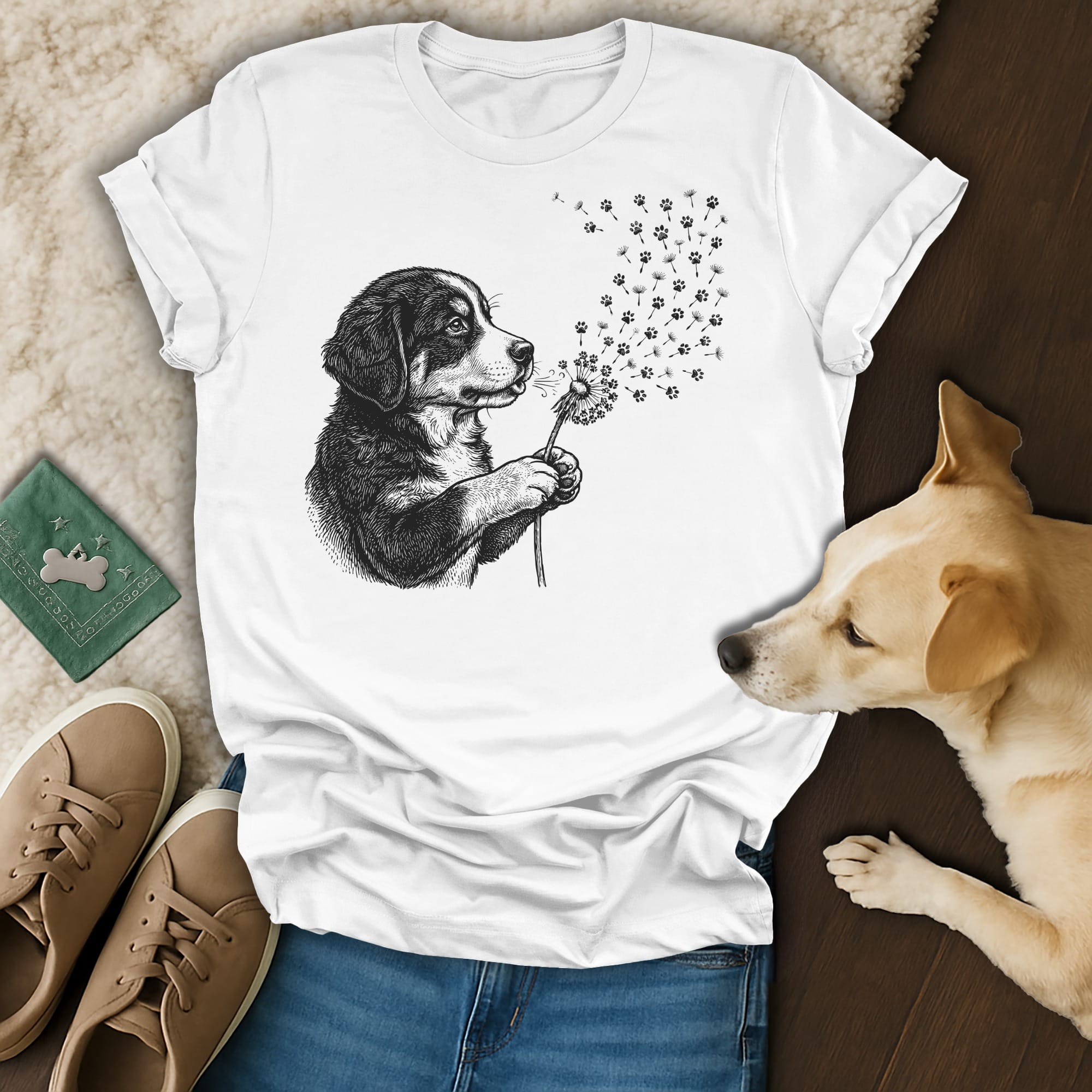 Black and white illustration of a dog blowing dandelion seeds, on a white t-shirt.
