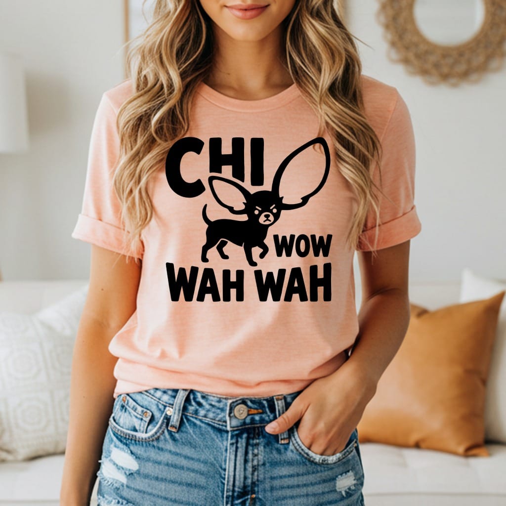 Peach t-shirt with black "CHI WOW WAH WAH" text and small chihuahua graphic.