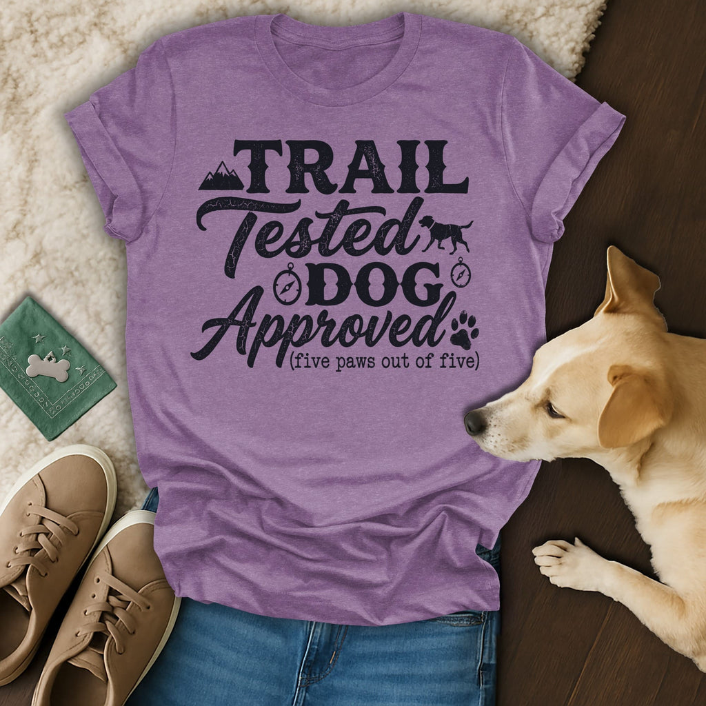 Purple t-shirt with "Trail Tested Dog Approved" text and paw prints.