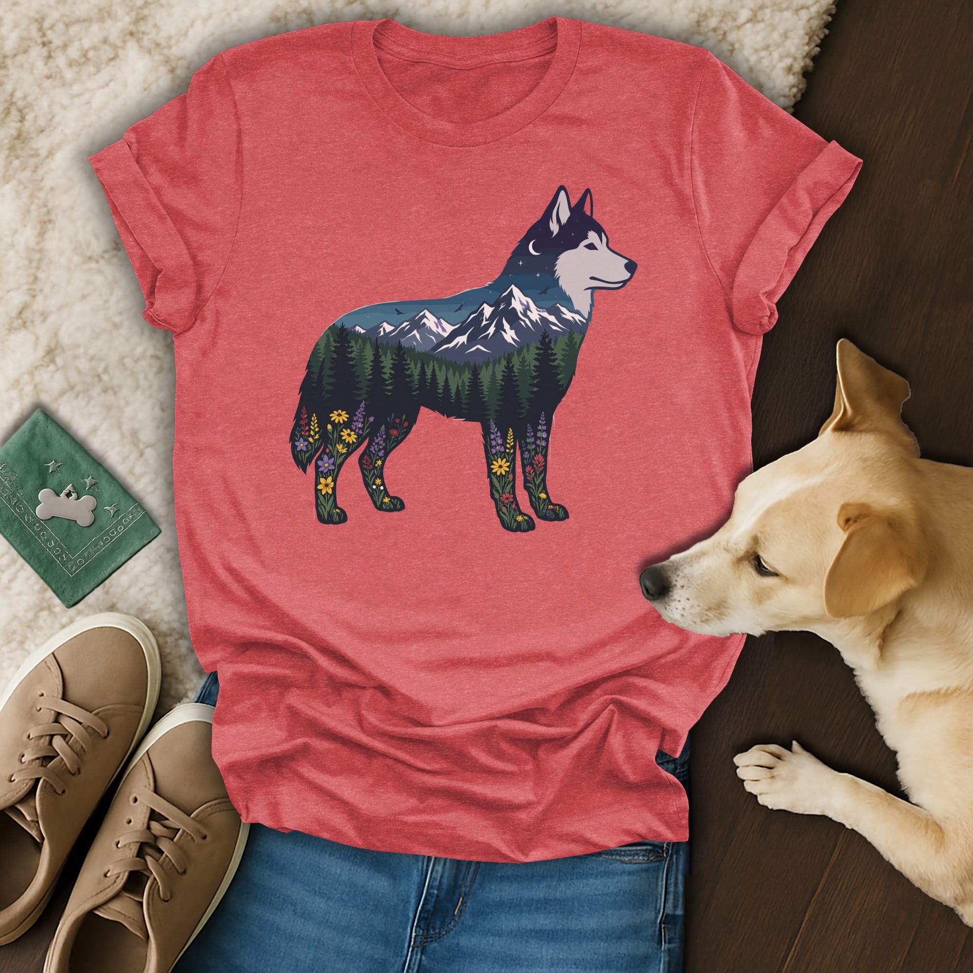 T-shirt featuring a husky silhouette filled with a forest, mountains, and flowers.