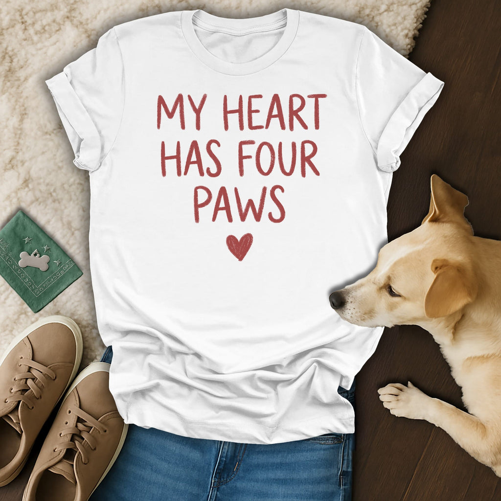 White t-shirt with red text "MY HEART HAS FOUR PAWS" and a heart.