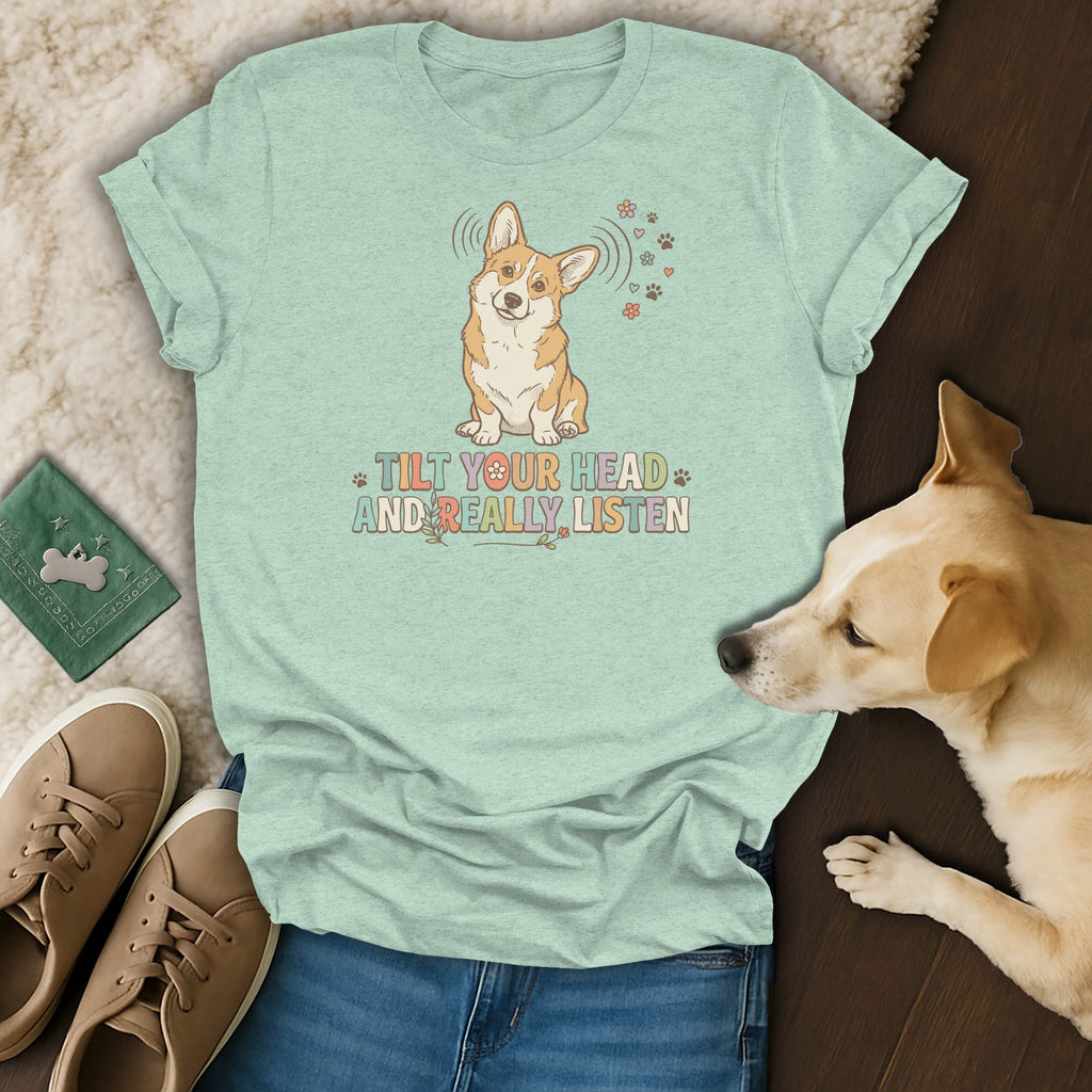 Light green t-shirt with a corgi graphic and the text "TILT YOUR HEAD AND REALLY LISTEN."