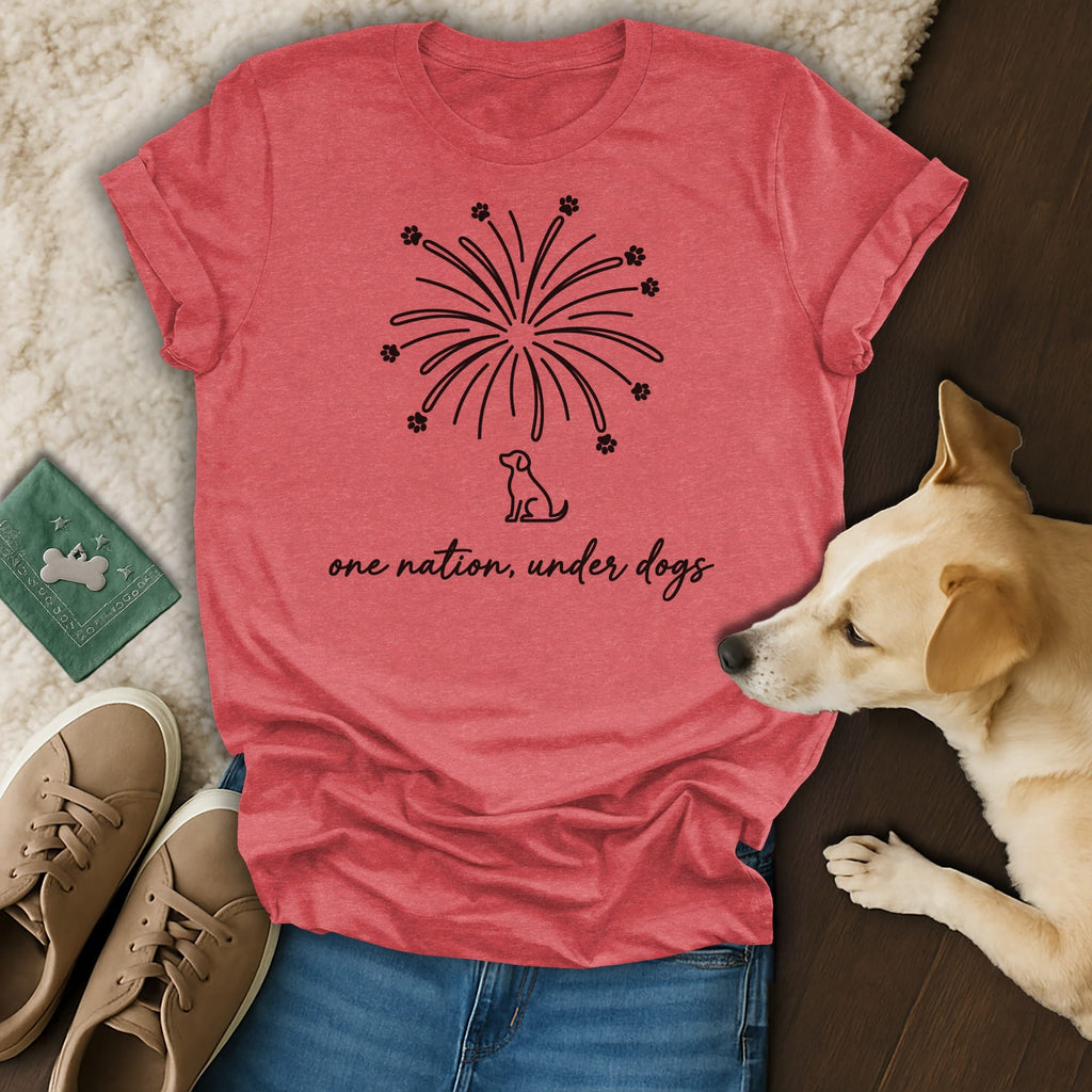 Red t-shirt with "one nation, under dogs" and fireworks graphic.