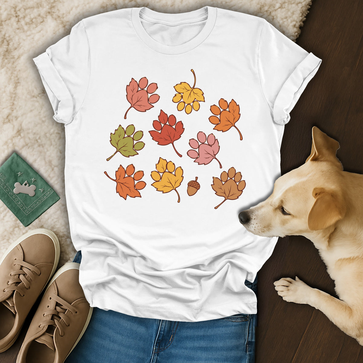 A white t-shirt featuring an autumn leaf and paw print graphic, surrounded by casual accessories and a dog.