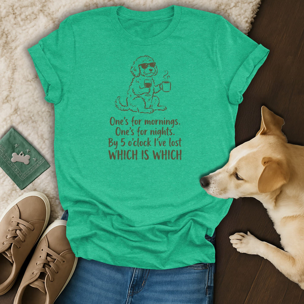 Green t-shirt with dog graphic and text "One's for mornings. One's for nights. By 5 o'clock I've lost WHICH IS WHICH".