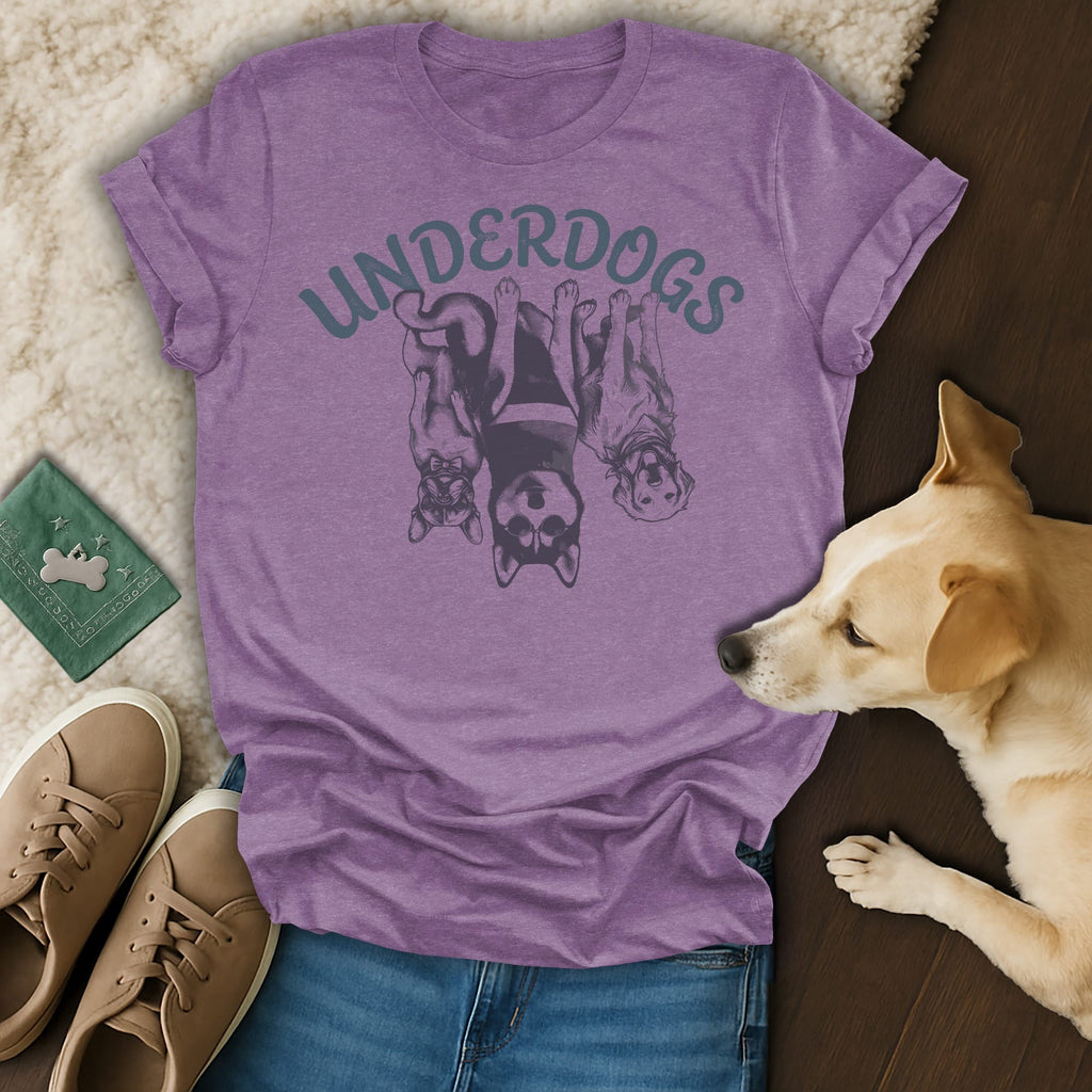 Purple t-shirt with three dogs and "UNDERDOGS" text.