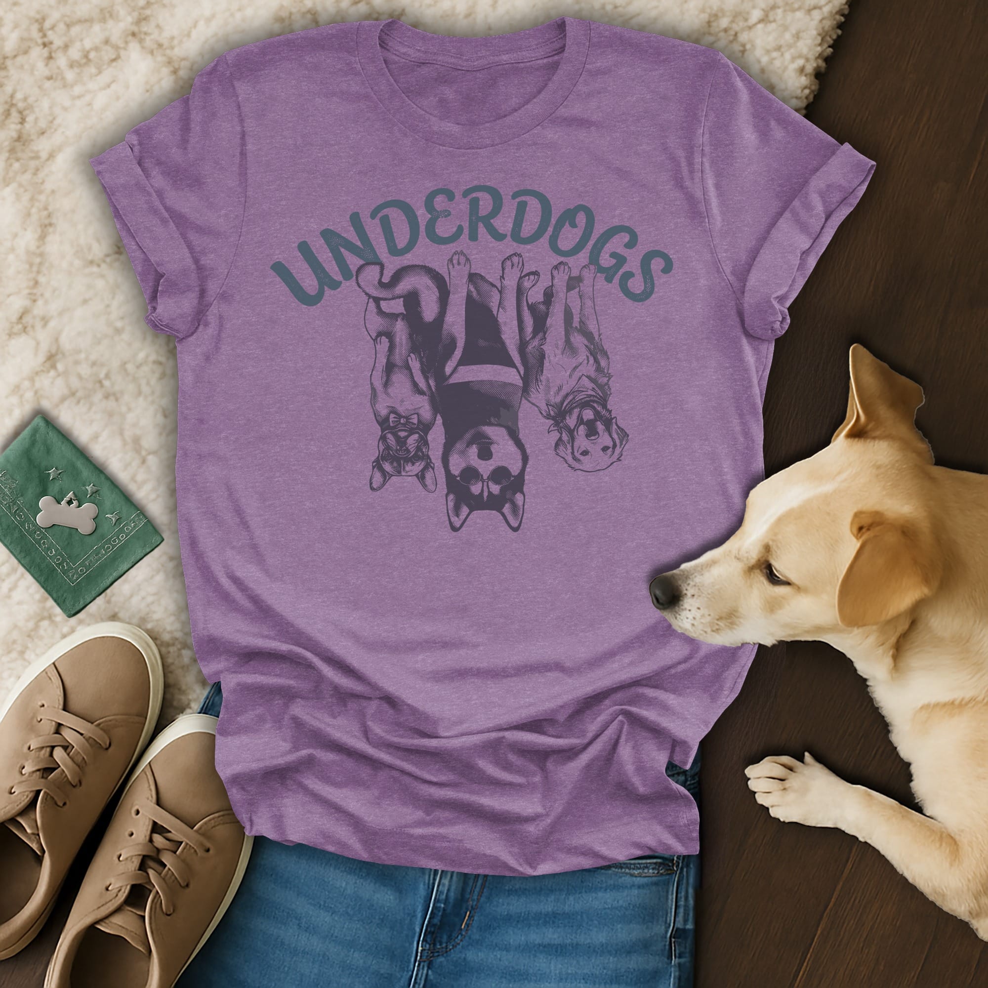 Purple t-shirt with three dogs and "UNDERDOGS" text.
