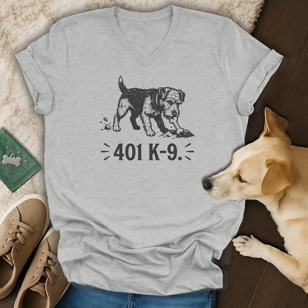 Grey v-neck t-shirt with a graphic of a dog digging and the text "401 K-9.".
