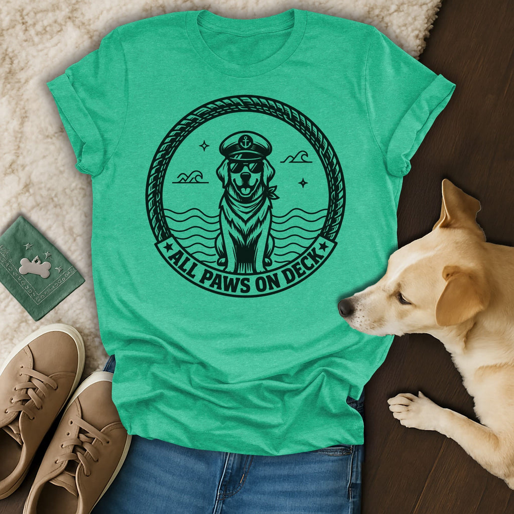 Green t-shirt with a dog wearing a captain's hat and sunglasses and text "All Paws on Deck".