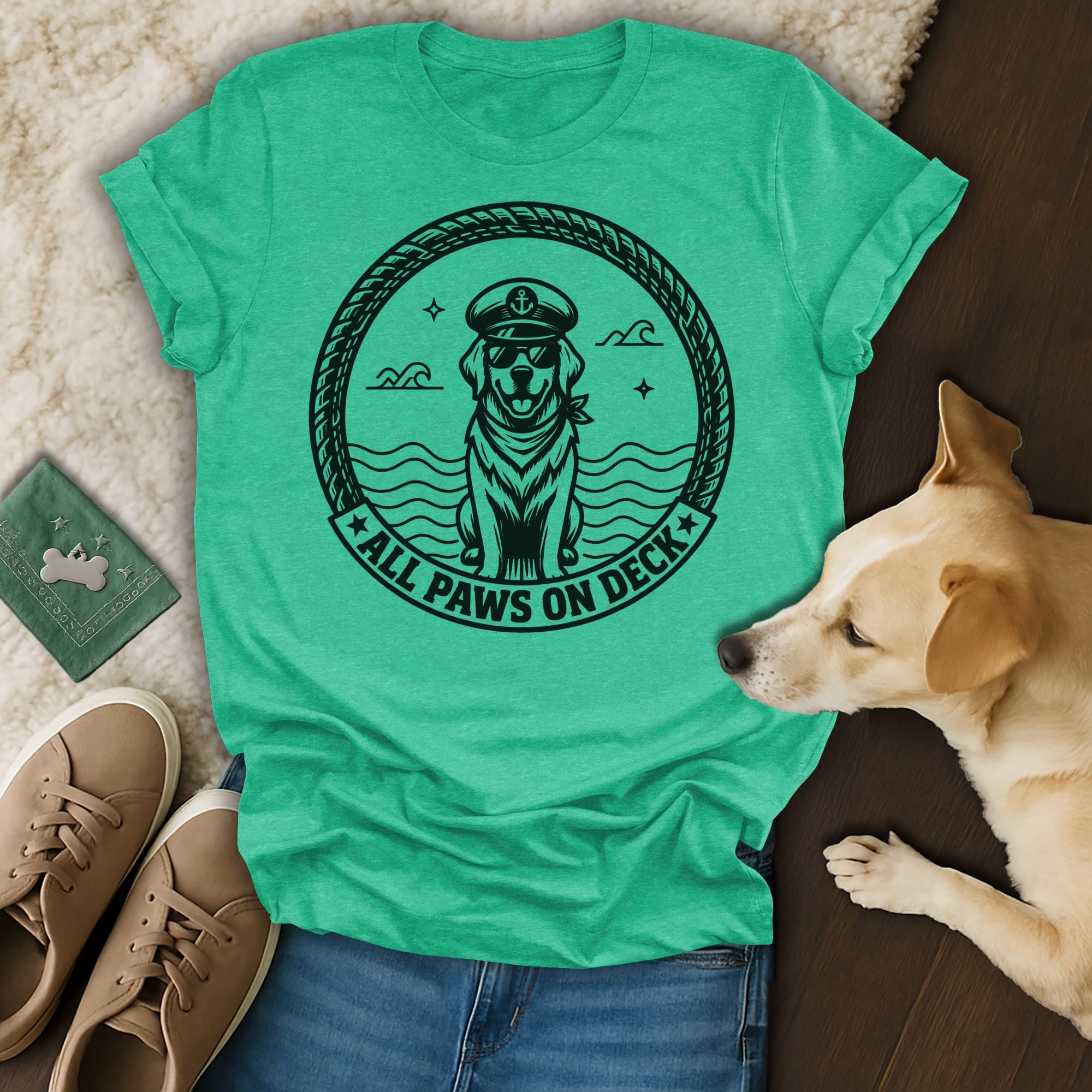 Green t-shirt with a dog wearing a captain's hat and sunglasses and text "All Paws on Deck".
