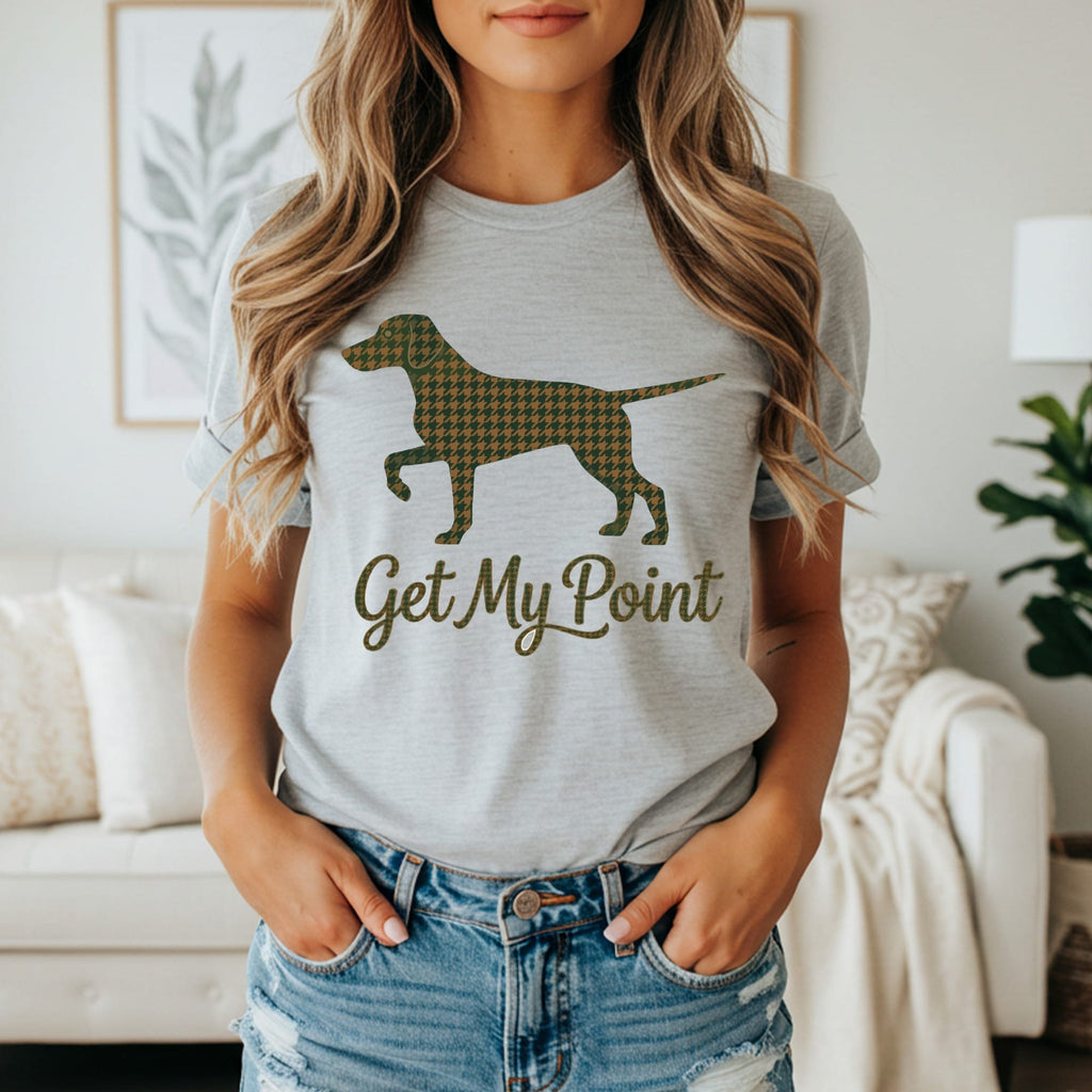 Grey t-shirt with a dog silhouette and "Get My Point" text.
