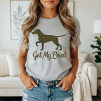 Grey t-shirt with a dog silhouette and "Get My Point" text.