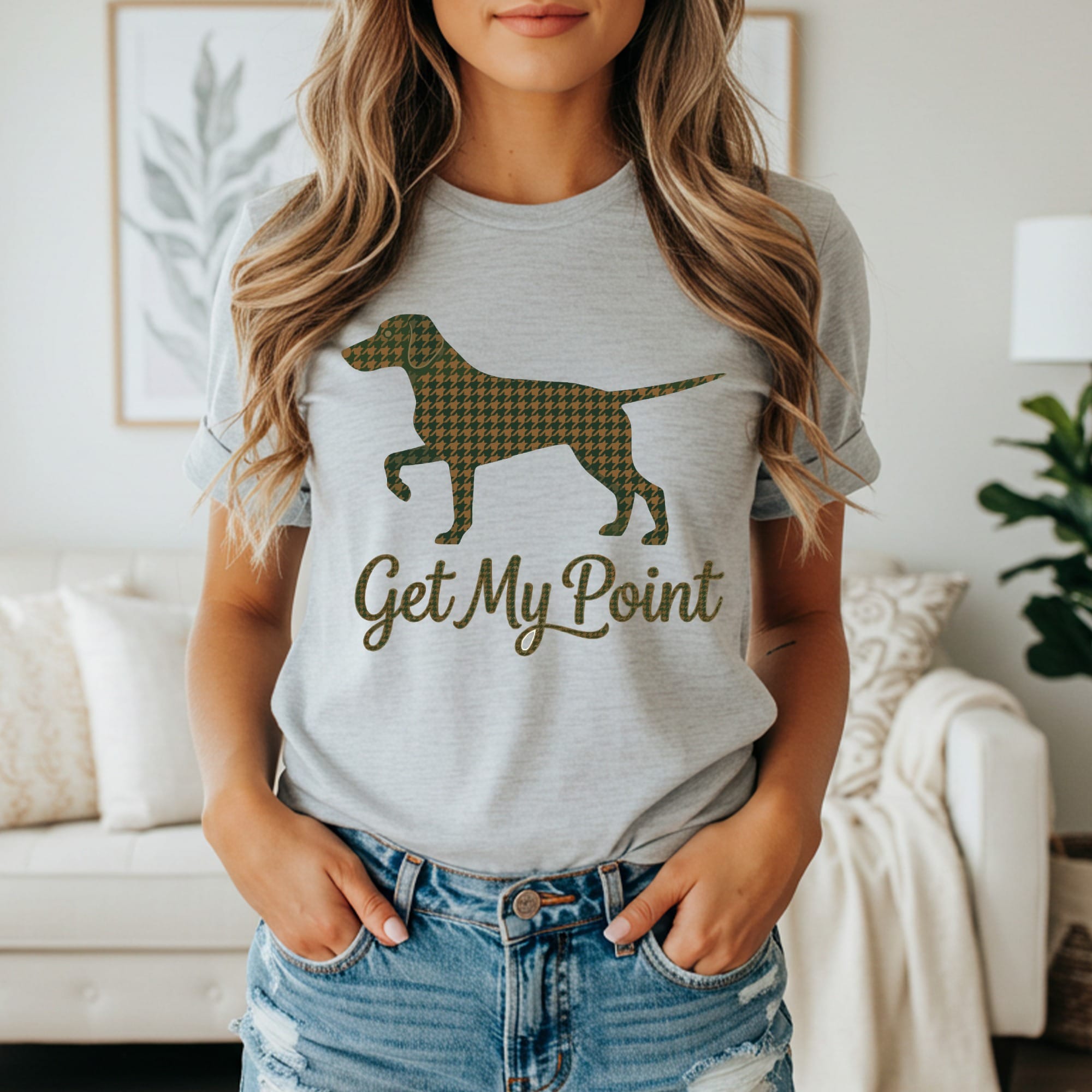 Grey t-shirt with a dog silhouette and "Get My Point" text.